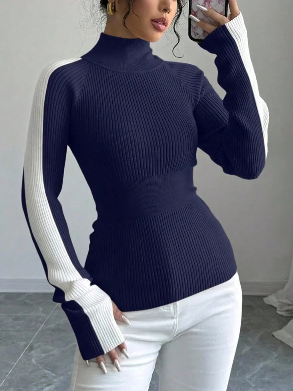 Blue Casual Women's Color Block Stand Collar Knit Sweater